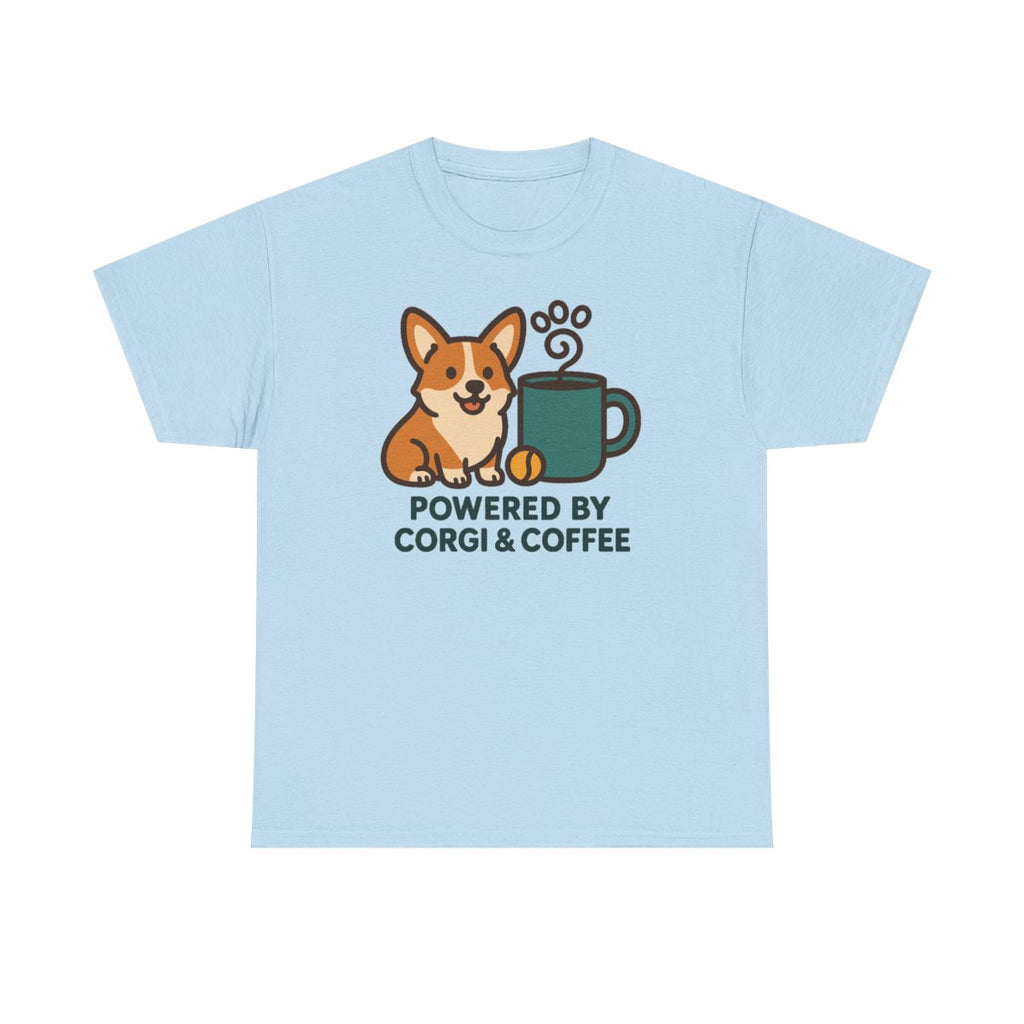 Corgi & Coffee Powered Whimsical t-shirt, Light Blue