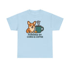 Corgi & Coffee Powered Whimsical t-shirt, Light Blue