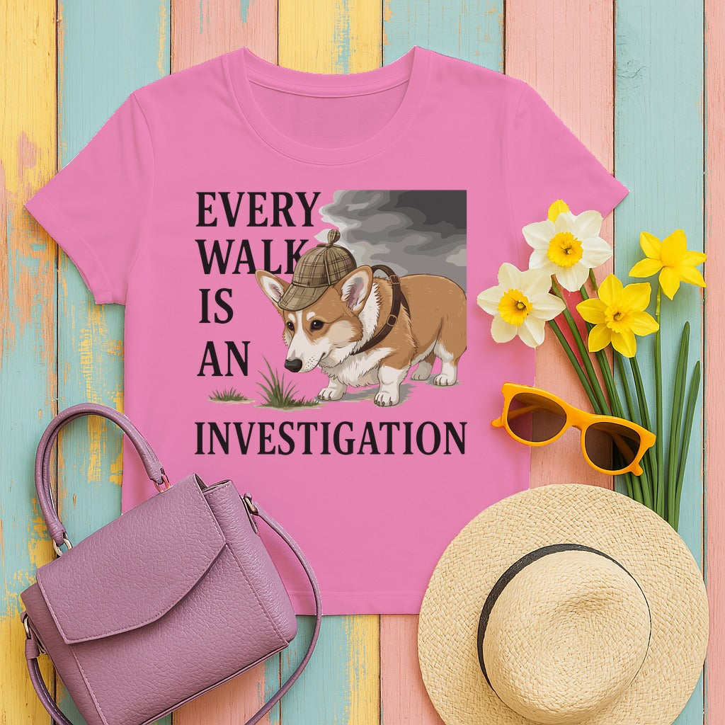 Every Walk Corgi Dog Detective T-Shirt in Azalea