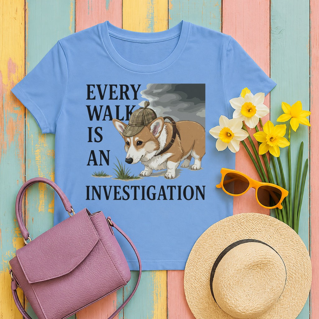 Every Walk Corgi Dog Detective T-Shirt in Carolina Blue