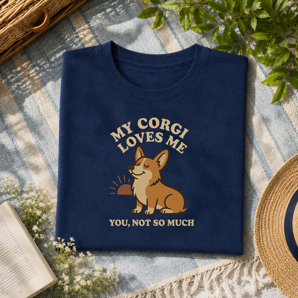 My Corgi loves me tee on a navy shirt, folded flat lay