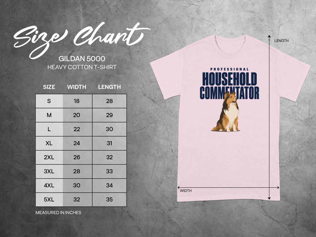 Gildan 5000 t-shirt size chart with dog graphic and text.