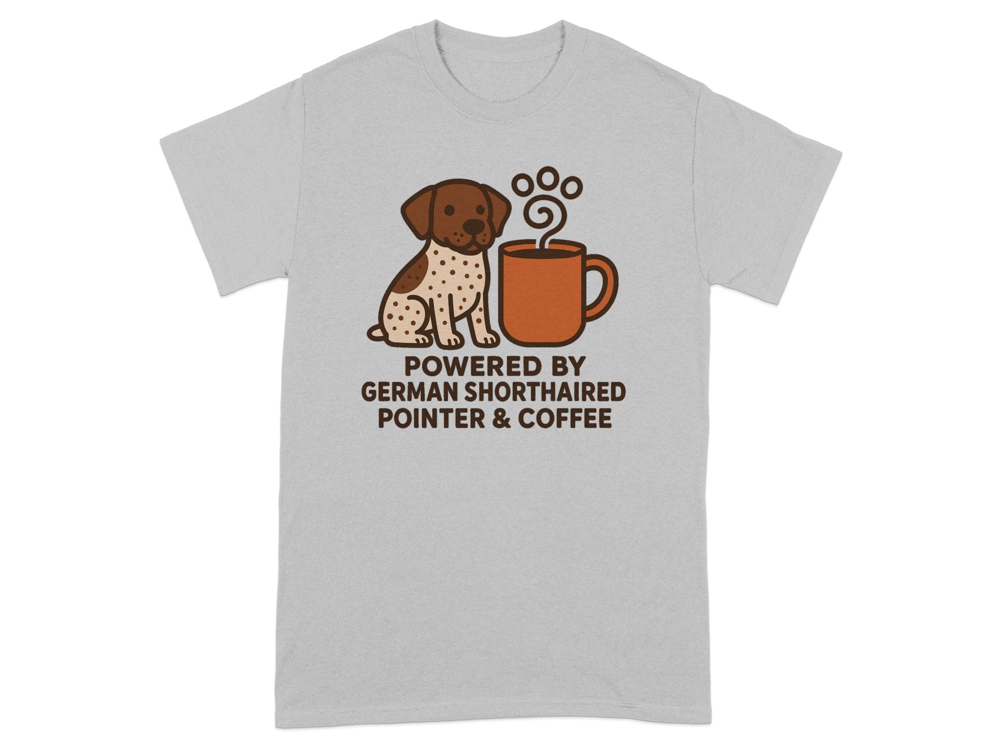 German Shorthaired Pointer and coffee illustration with text "Powered by German Shorthaired Pointer & Coffee".