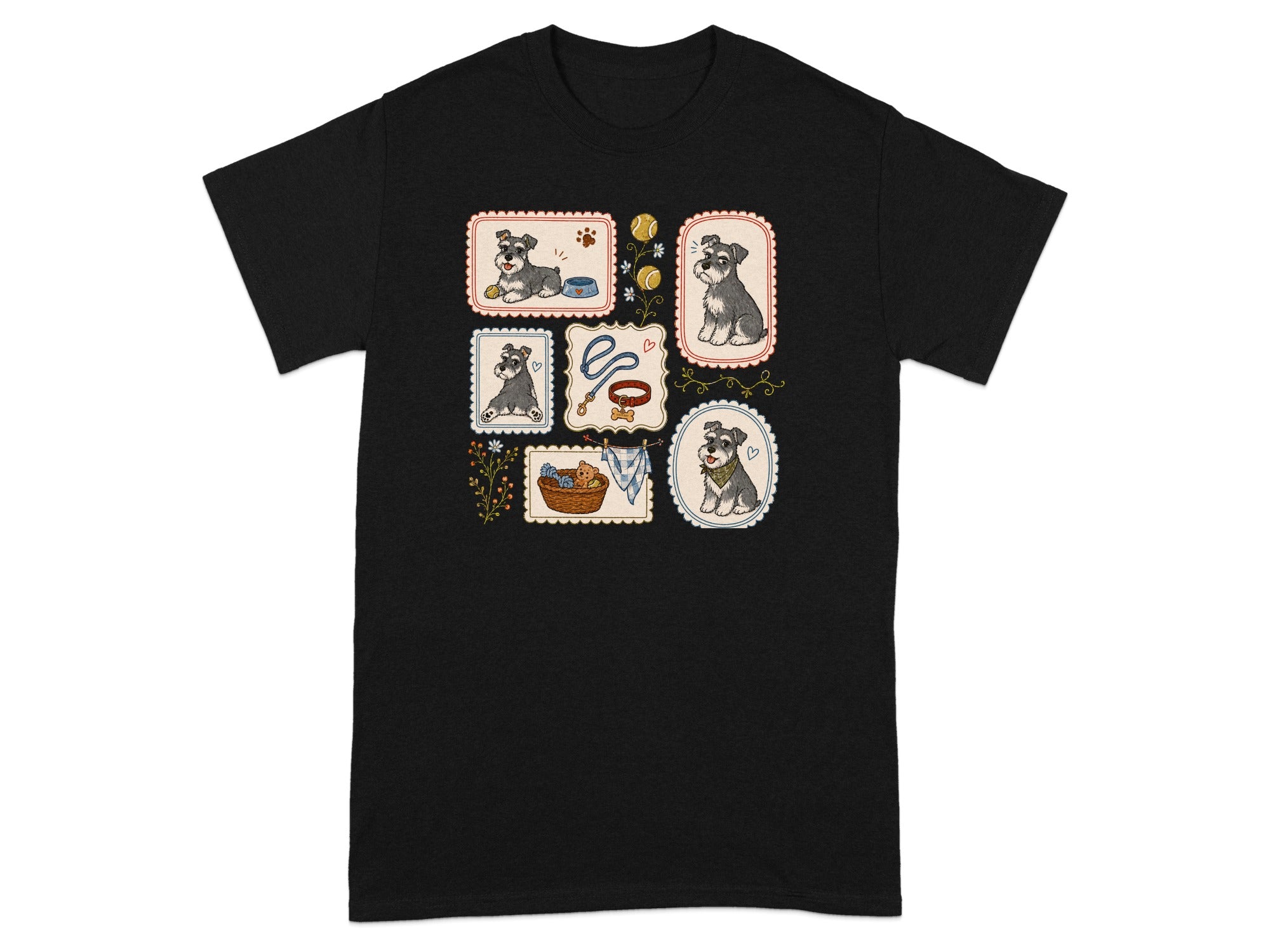 Black t-shirt with a collage of six framed illustrations of schnauzers and dog accessories.