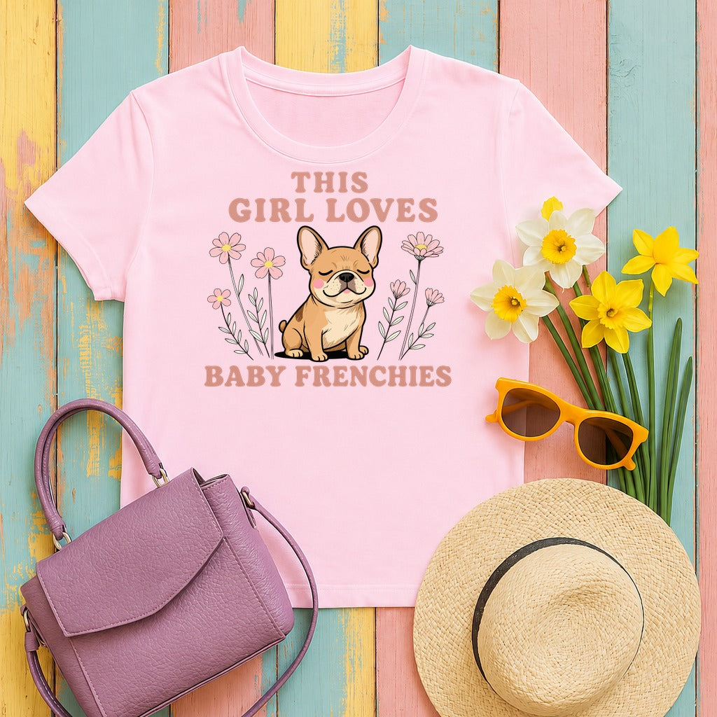 This Girl Loves Baby Frenchies Cute Dog Design T-Shirt in Light Pink
