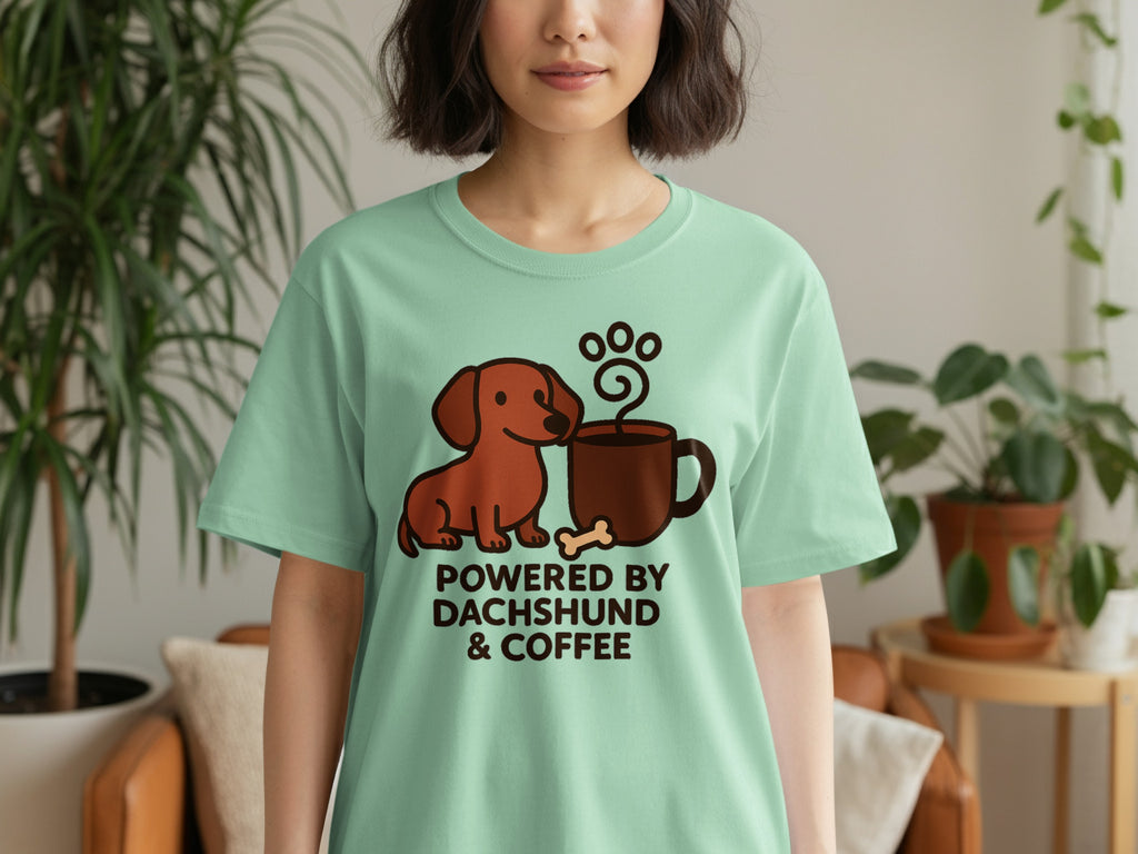 Mint green t-shirt with a cartoon dachshund and coffee cup graphic that reads "Powered by Dachshund & Coffee".