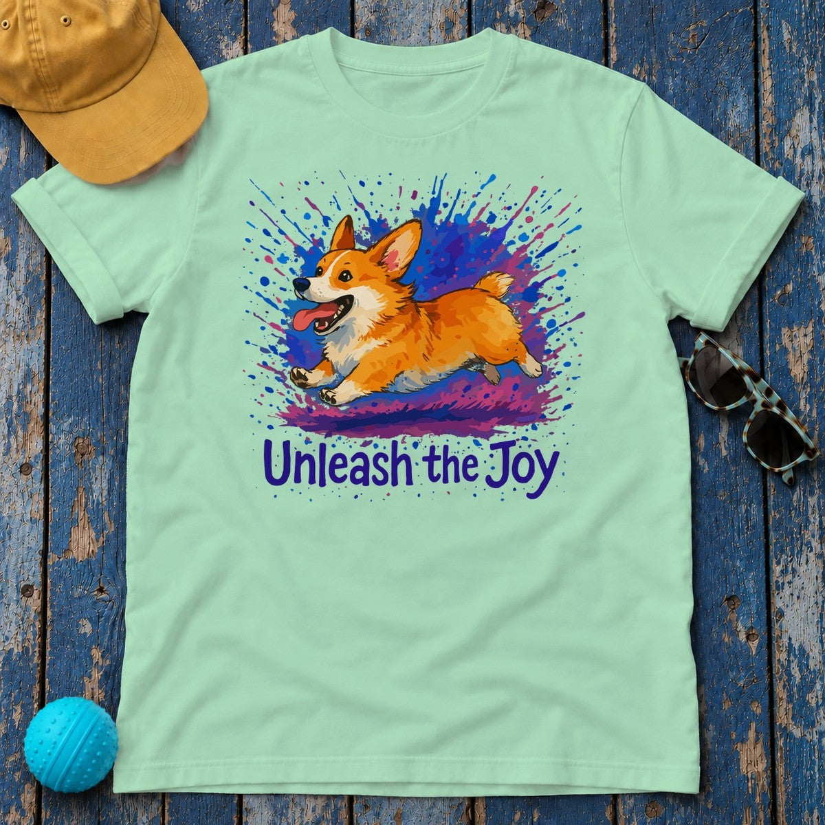 Joyful Corgi Splash Art T-Shirt in Mint Green