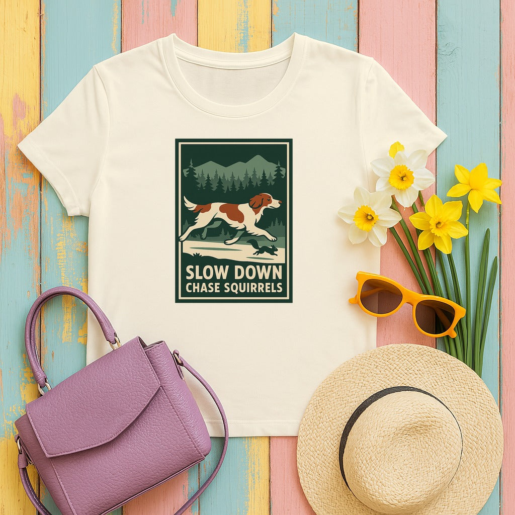 Irish Red and White Setter Slow Down Chase Squirrels Tee in Natural