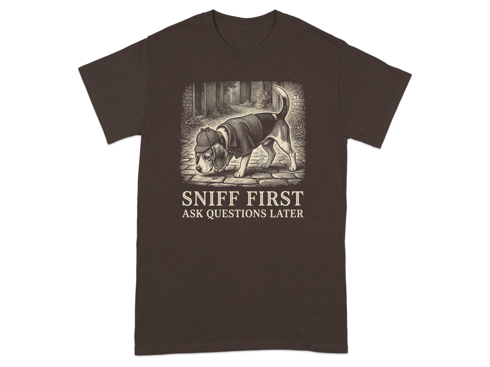 Brown t-shirt with beagle dog wearing hat, sniffing cobblestone path.