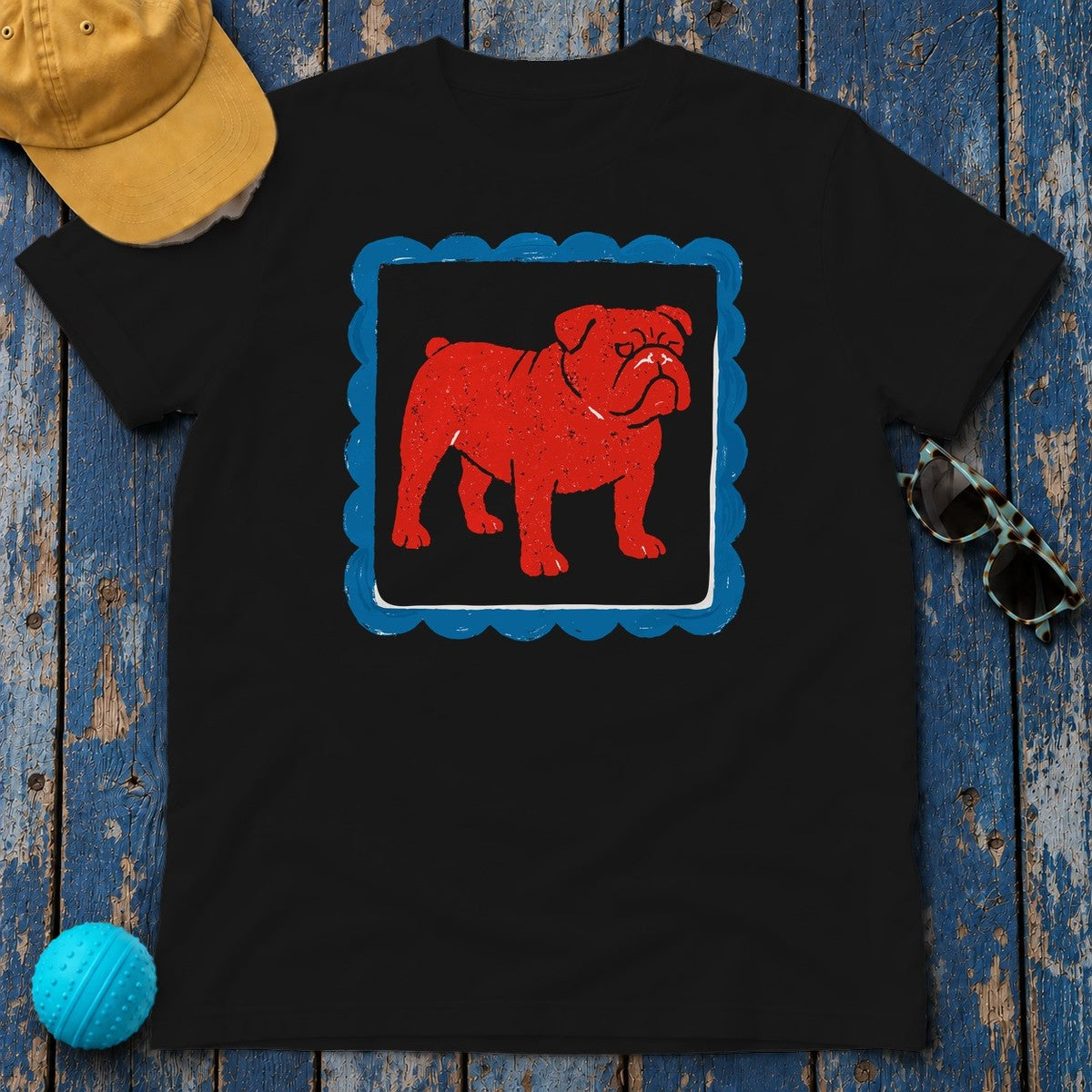 Red Bulldog on Blue Border Doodle Drawing Art T-Shirt in Black