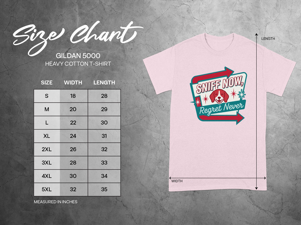 Gildan 5000 size chart for heavy cotton t-shirts with measurements.