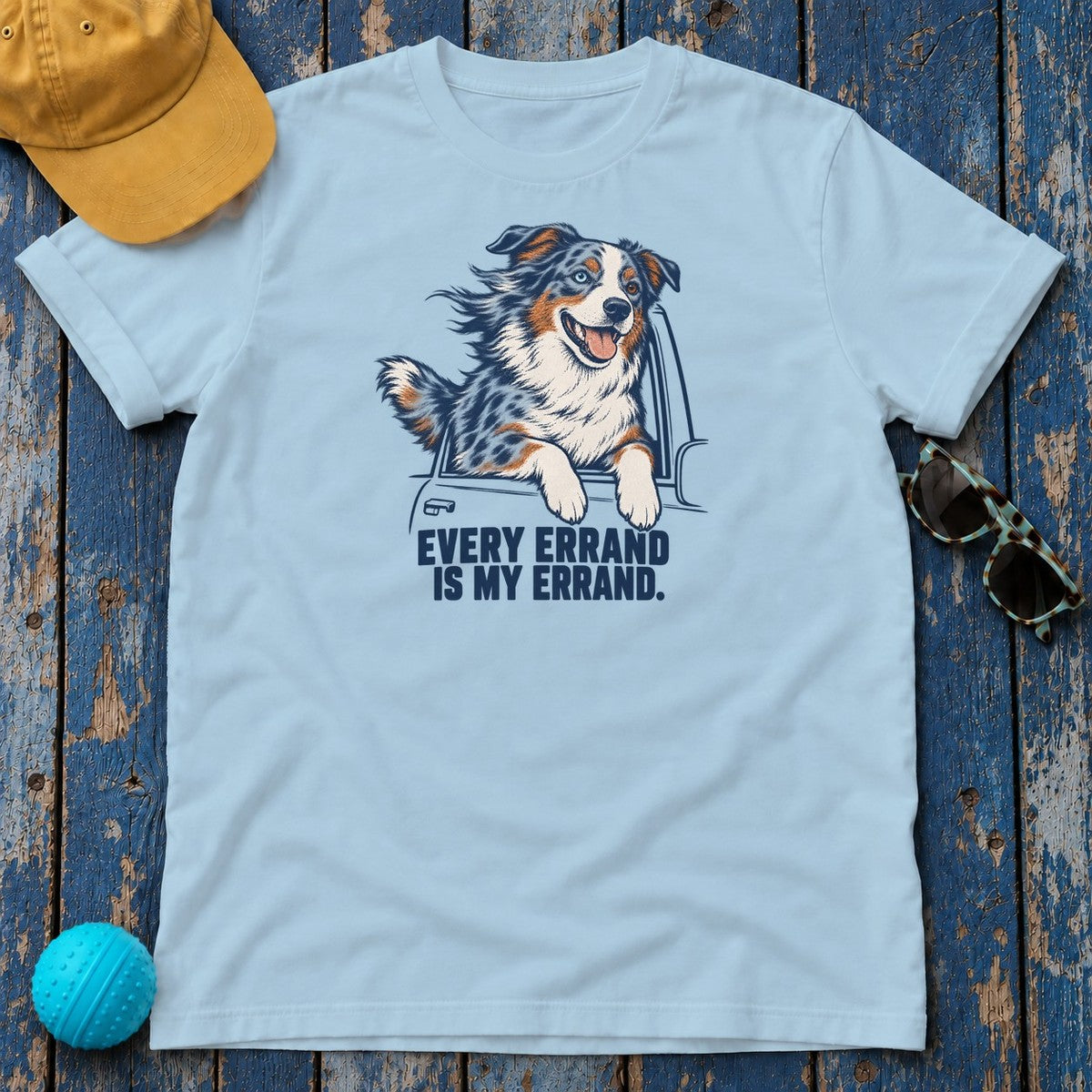 Every Errand Is My Errand Aussie T-Shirt in Light Blue - flat lay