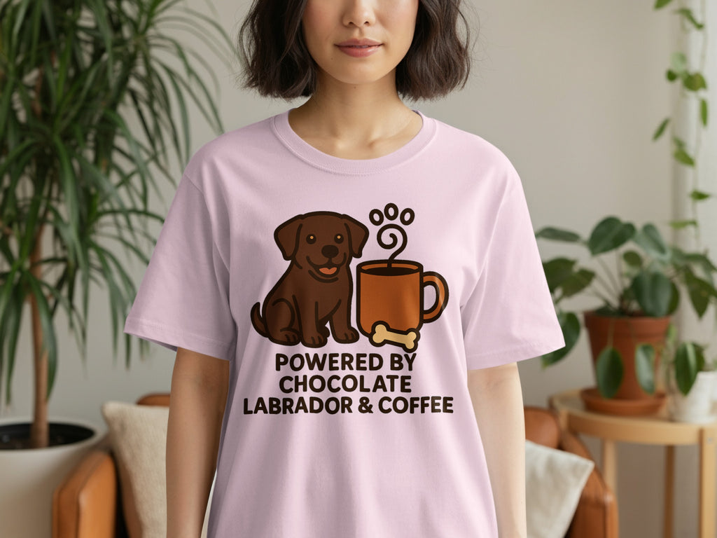 Pink t-shirt with "Powered by Chocolate Labrador & Coffee" text and illustration.