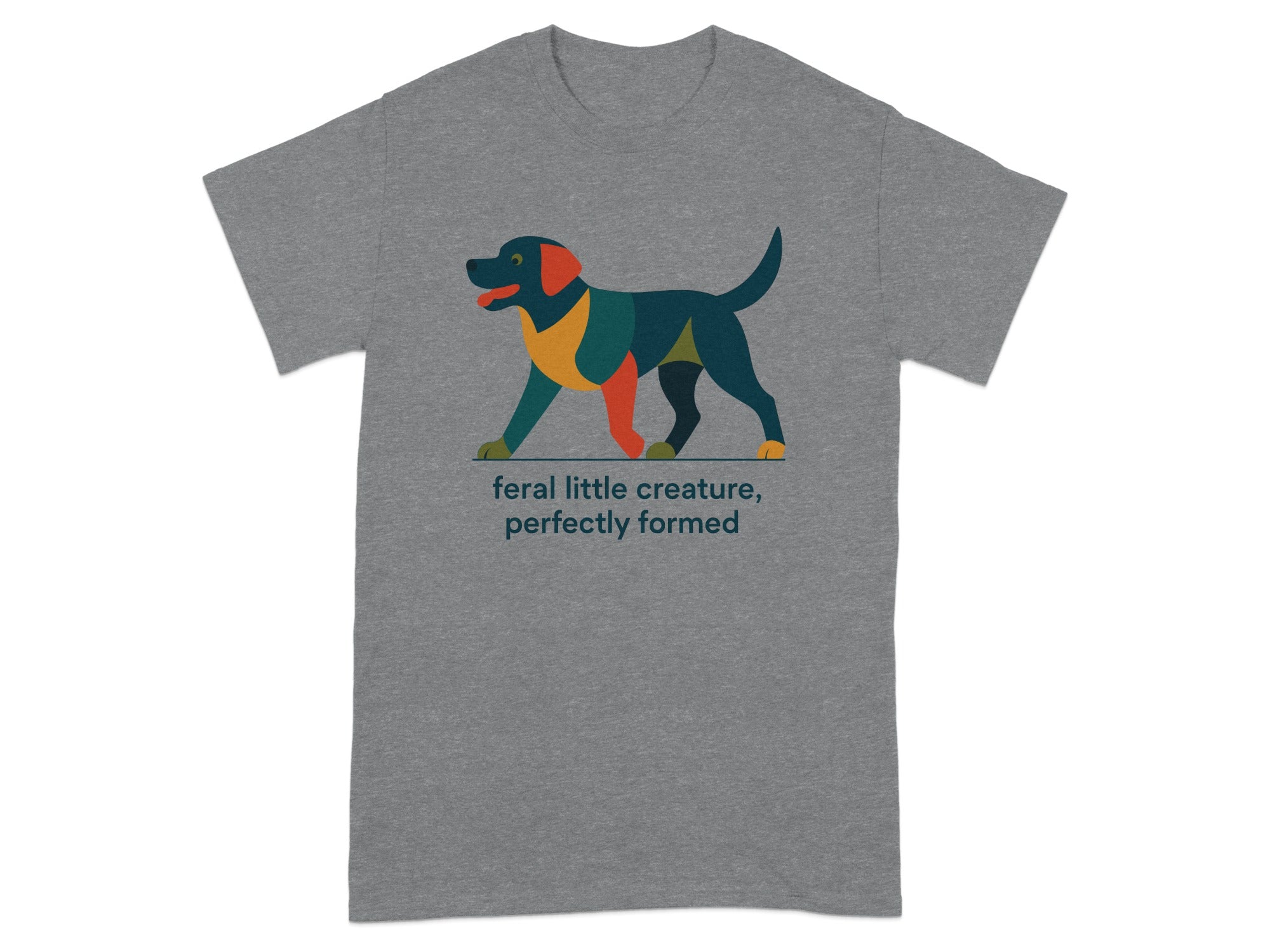 Gray t-shirt with geometric dog illustration and text: "feral little creature, perfectly formed".