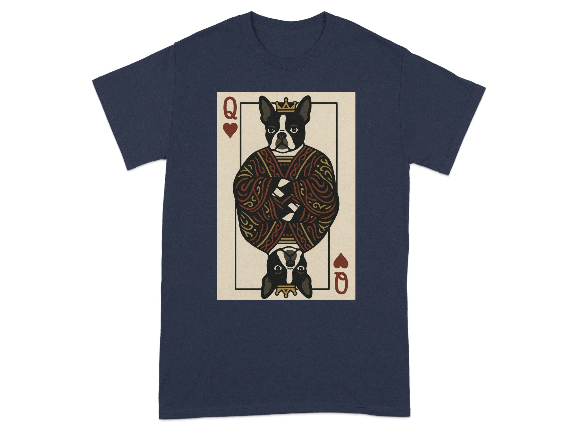 Dark t-shirt with a Queen of Hearts playing card featuring a Boston Terrier.