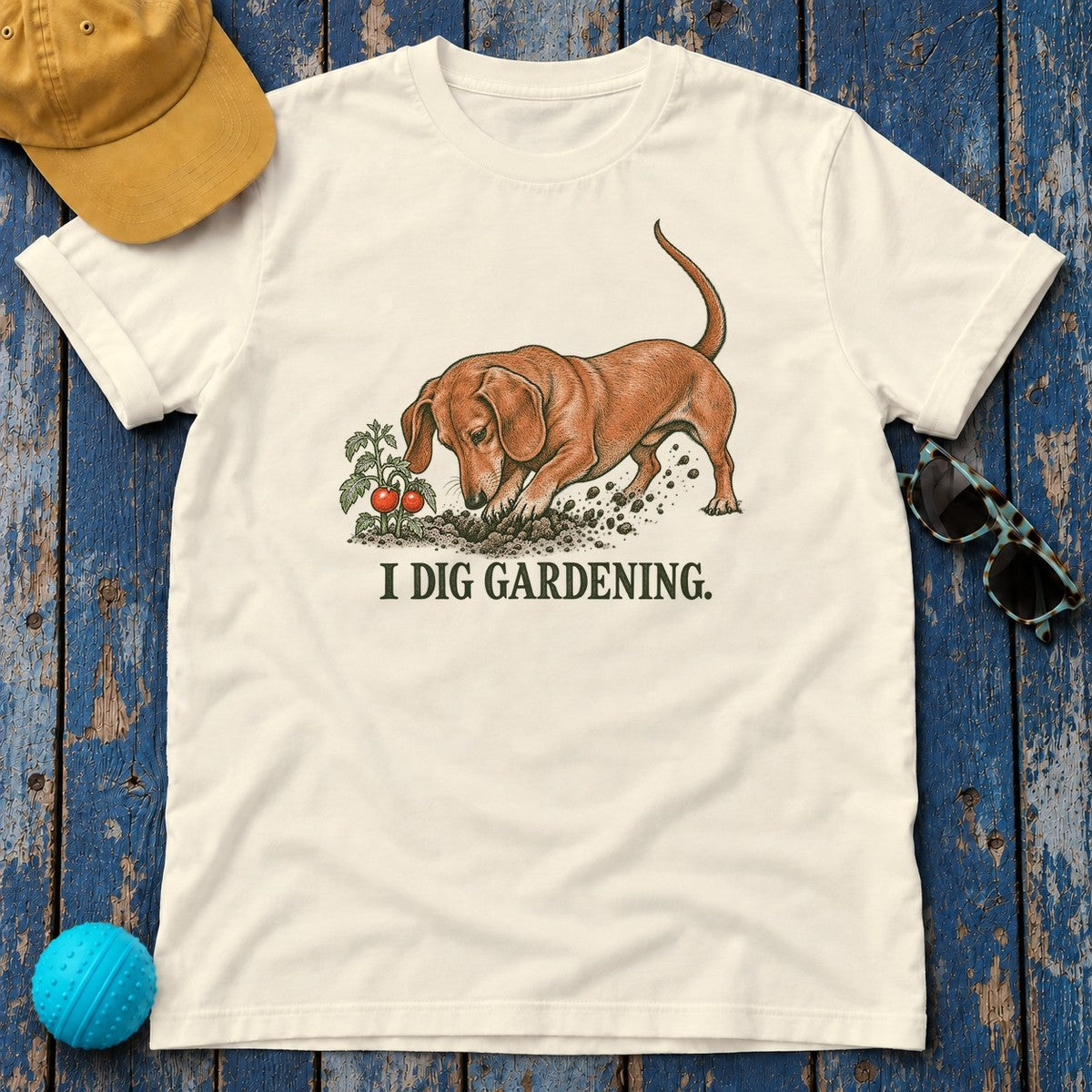 I Dig Gardening Dachshund T-Shirt in Natural - flat lay