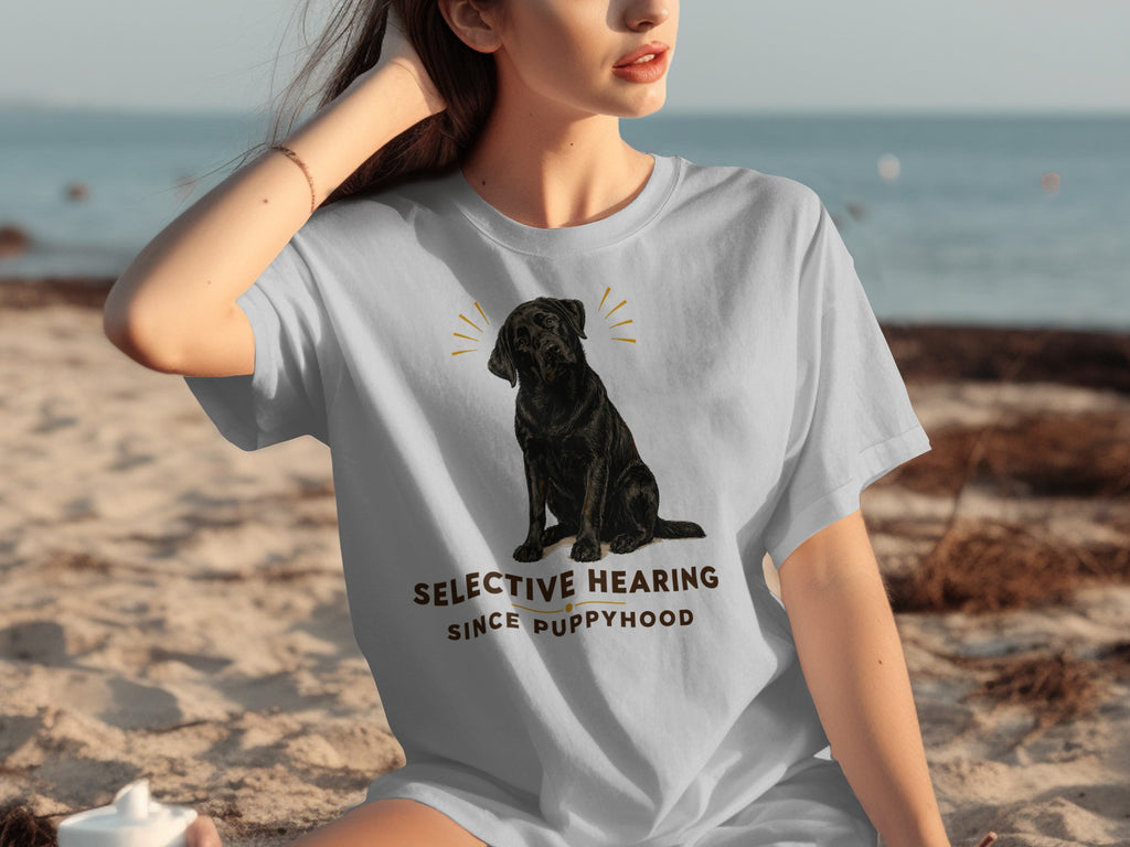 Grey t-shirt with black dog graphic and text "SELECTIVE HEARING SINCE PUPPYHOOD".
