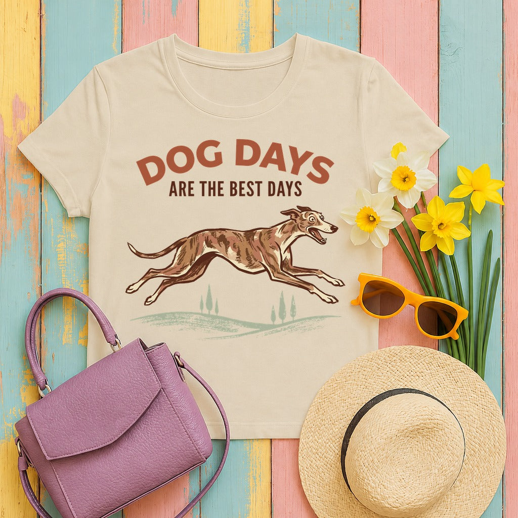 Whimsical Greyhound Dog Days T-Shirt in Sand