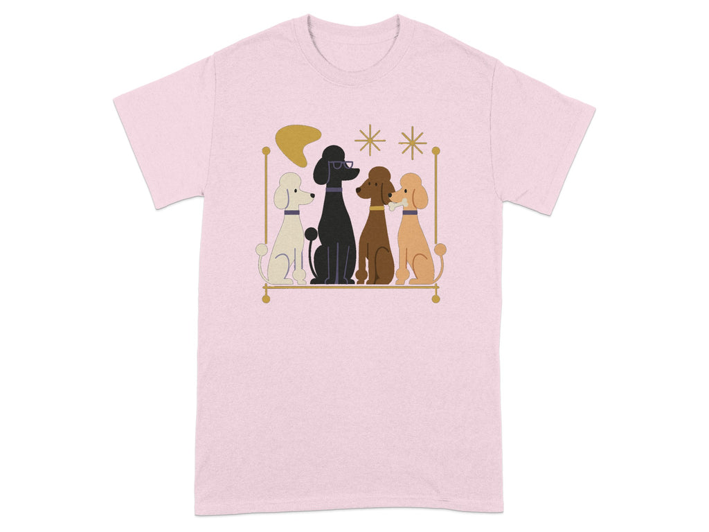 Four poodles of different colors and one holding a bone sit in a row.