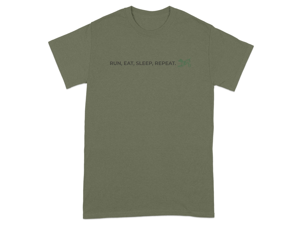 Olive green t-shirt with "RUN, EAT, SLEEP, REPEAT." text and a small green runner graphic.