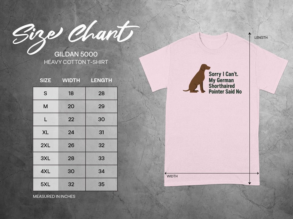 Gildan 5000 size chart for a German Shorthaired Pointer t-shirt.