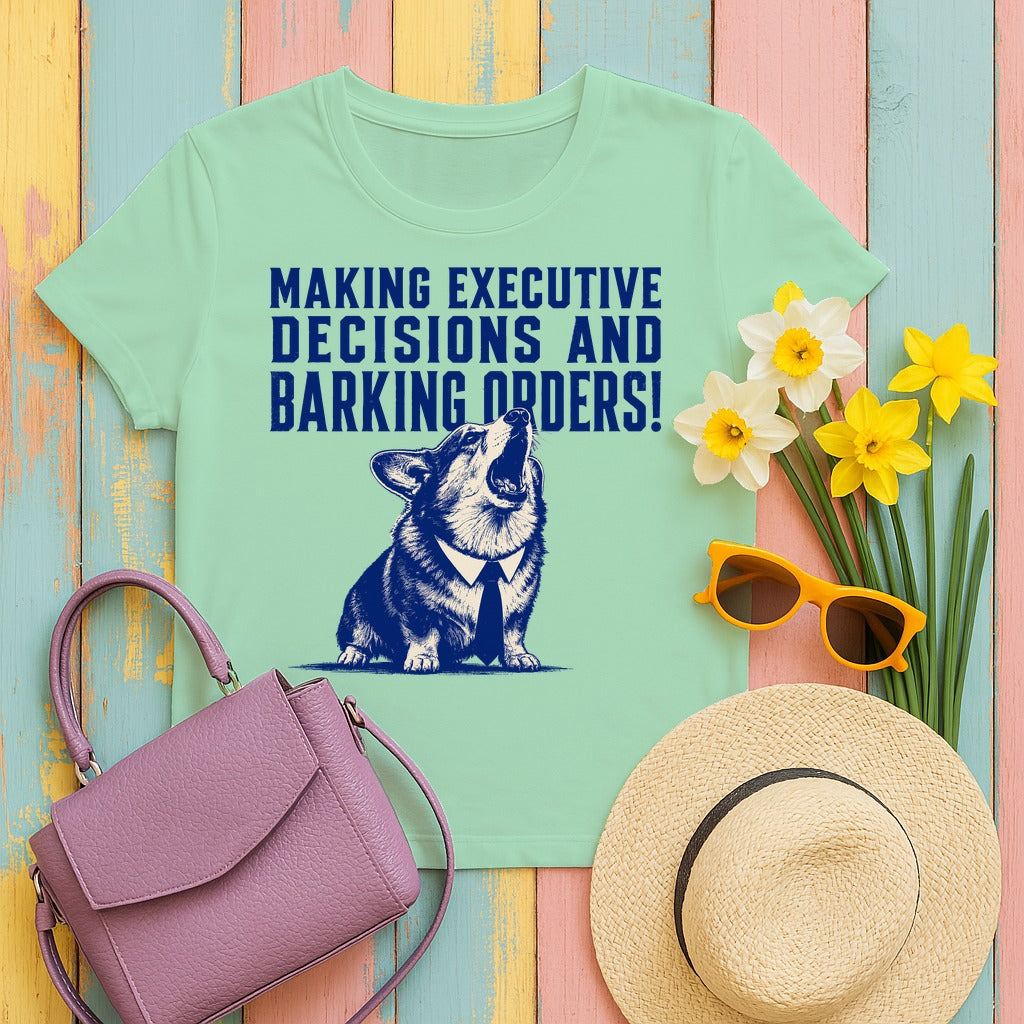 The Executive Corgi Decisions T-Shirt in Mint Green