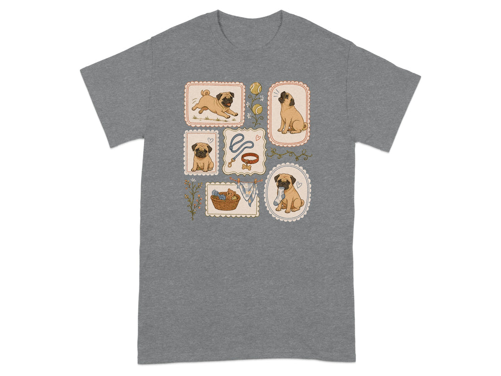 T-shirt with framed illustrations of pugs and dog accessories.