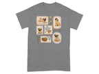 T-shirt with framed illustrations of pugs and dog accessories.