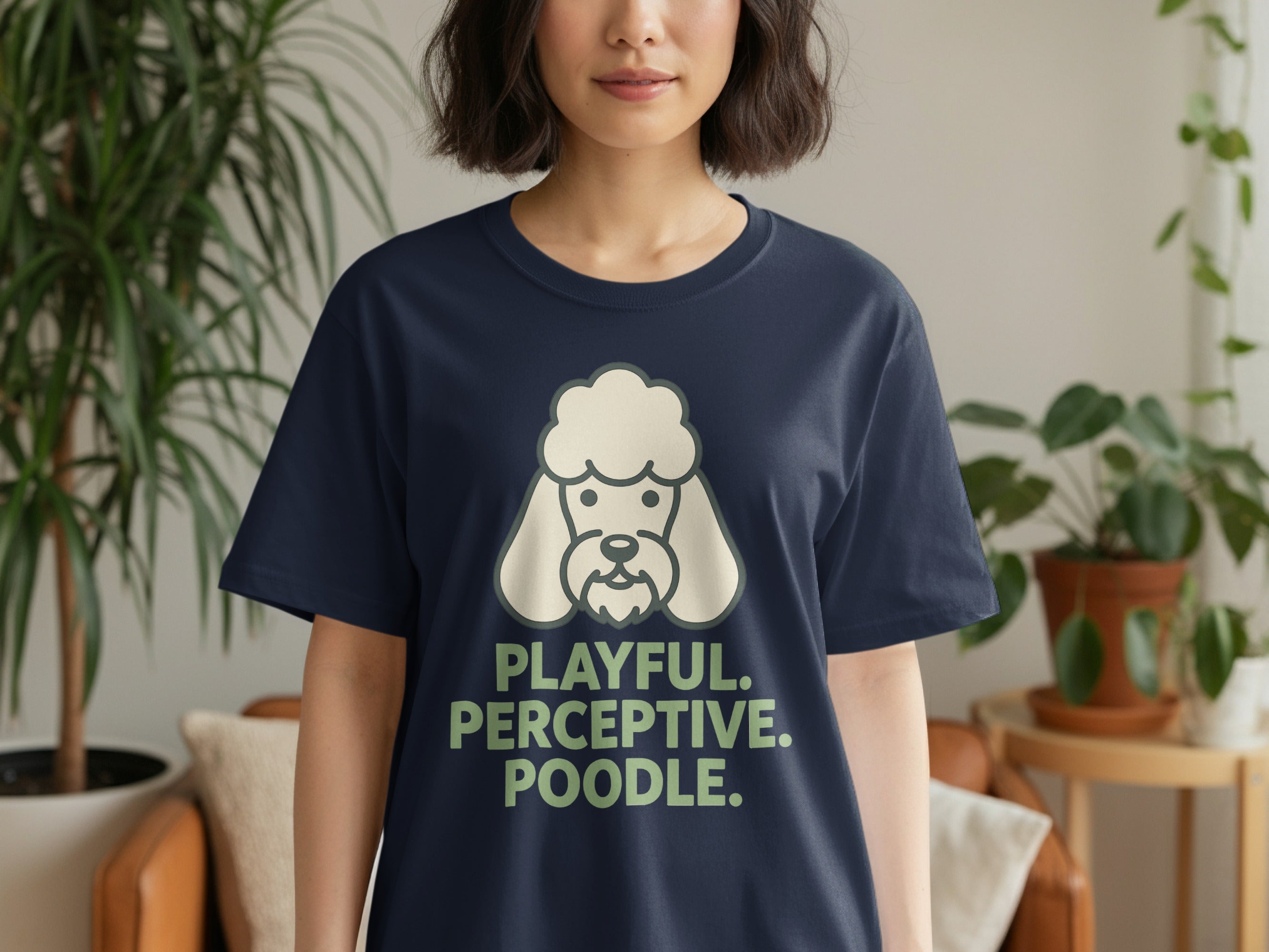 Navy t-shirt with playful poodle graphic and text.