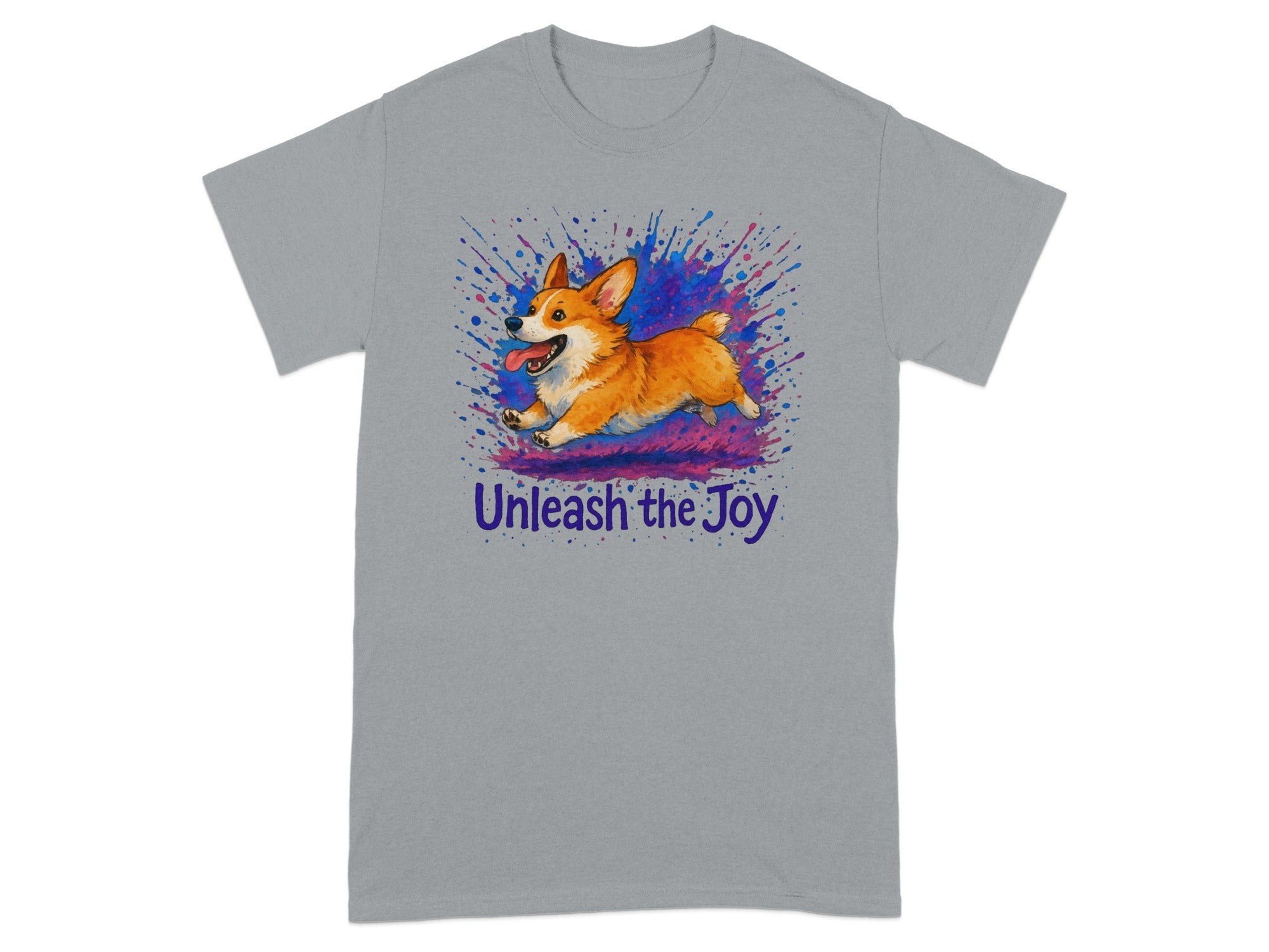 Gray t-shirt with a running corgi and "Unleash the Joy" text.