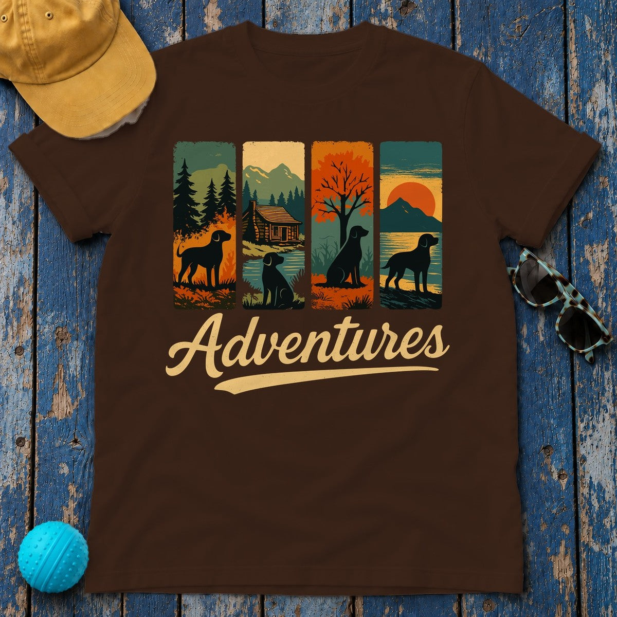 Adventurous Black Labrador in Nature T-Shirt in Dark Chocolate