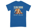 Blue t-shirt with a Basset Hound and text "SLOW DOWN ENJOY WALKS".