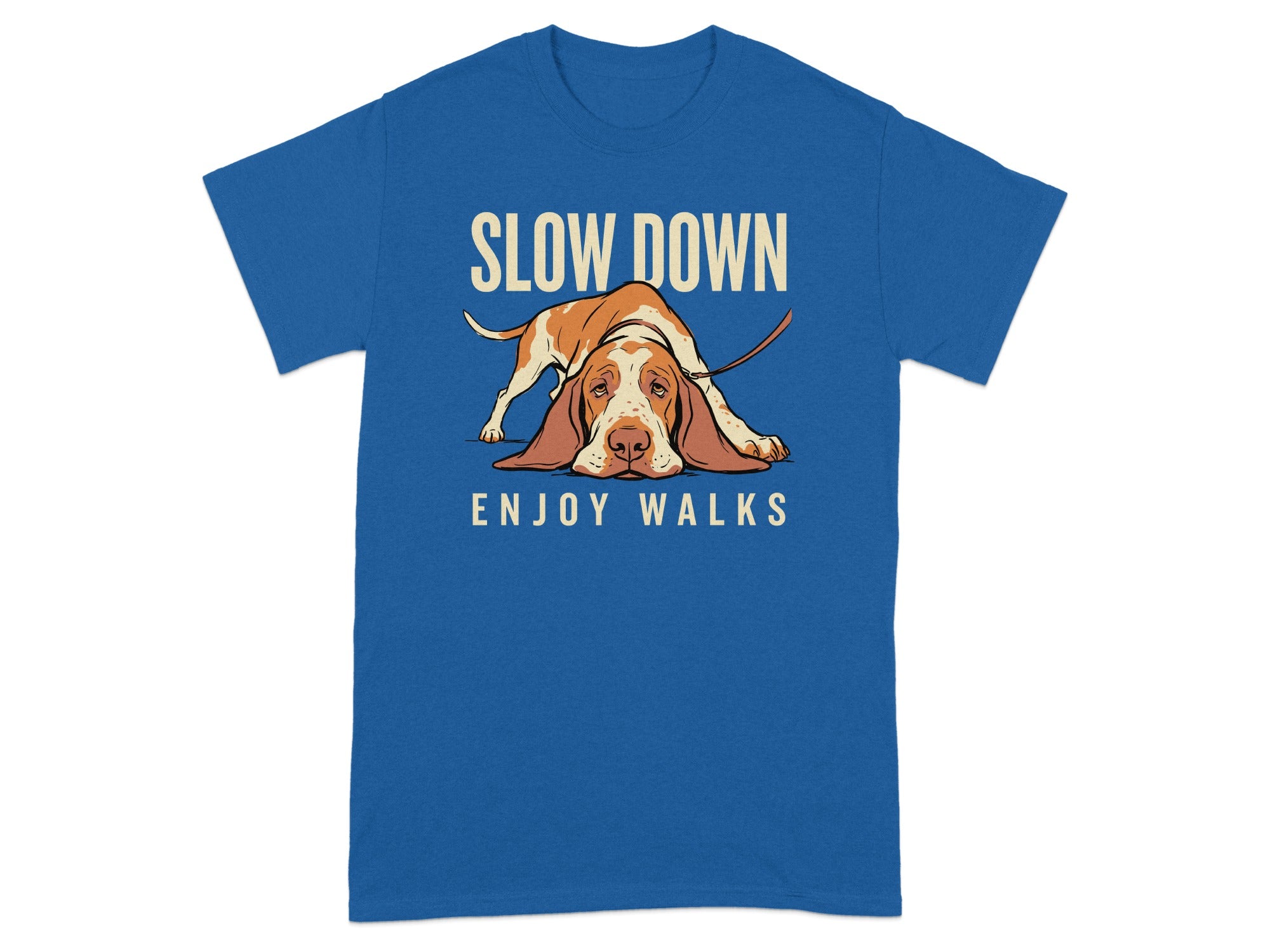 Blue t-shirt with a Basset Hound and text "SLOW DOWN ENJOY WALKS".