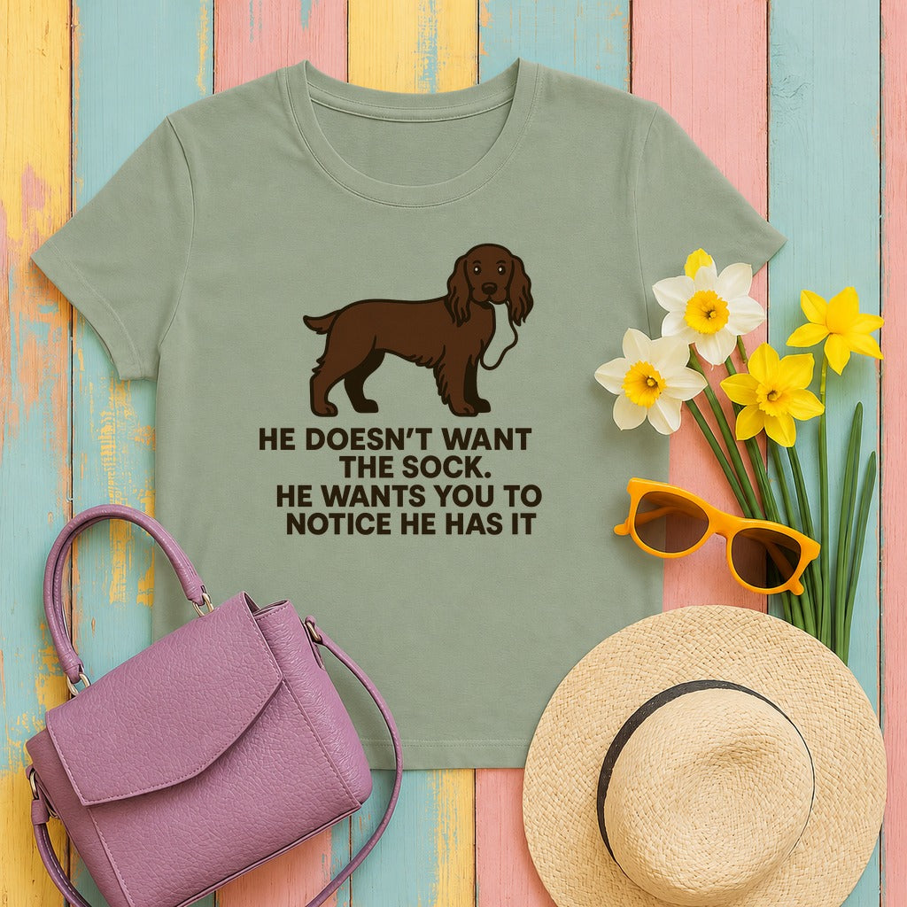 Field Spaniel He Doesn't Want The Sock Tee in Sage