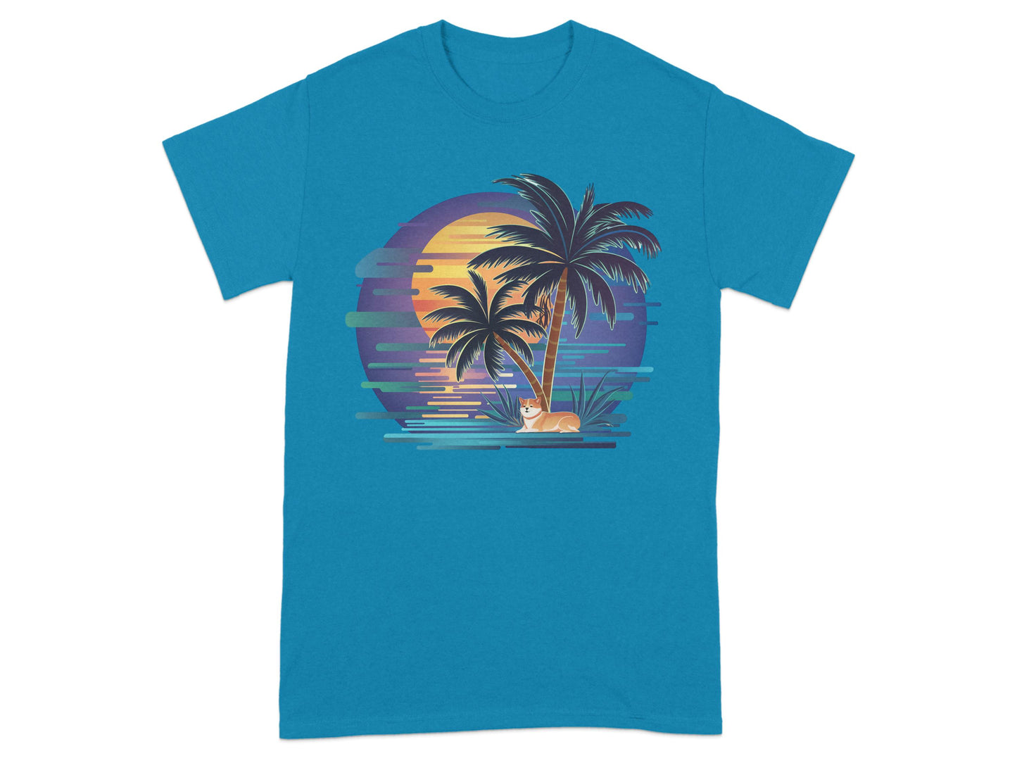 Relaxing Cat Palm Trees Sunset Blue Tee product