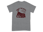 Grey t-shirt with a maroon graphic of a dog sniffing the ground and text "TRUST THE NOSE".