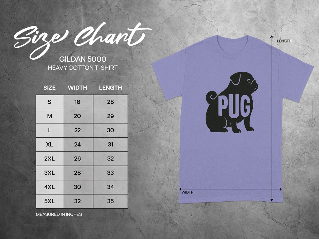 Gildan 5000 heavy cotton t-shirt size chart with measurements in inches.