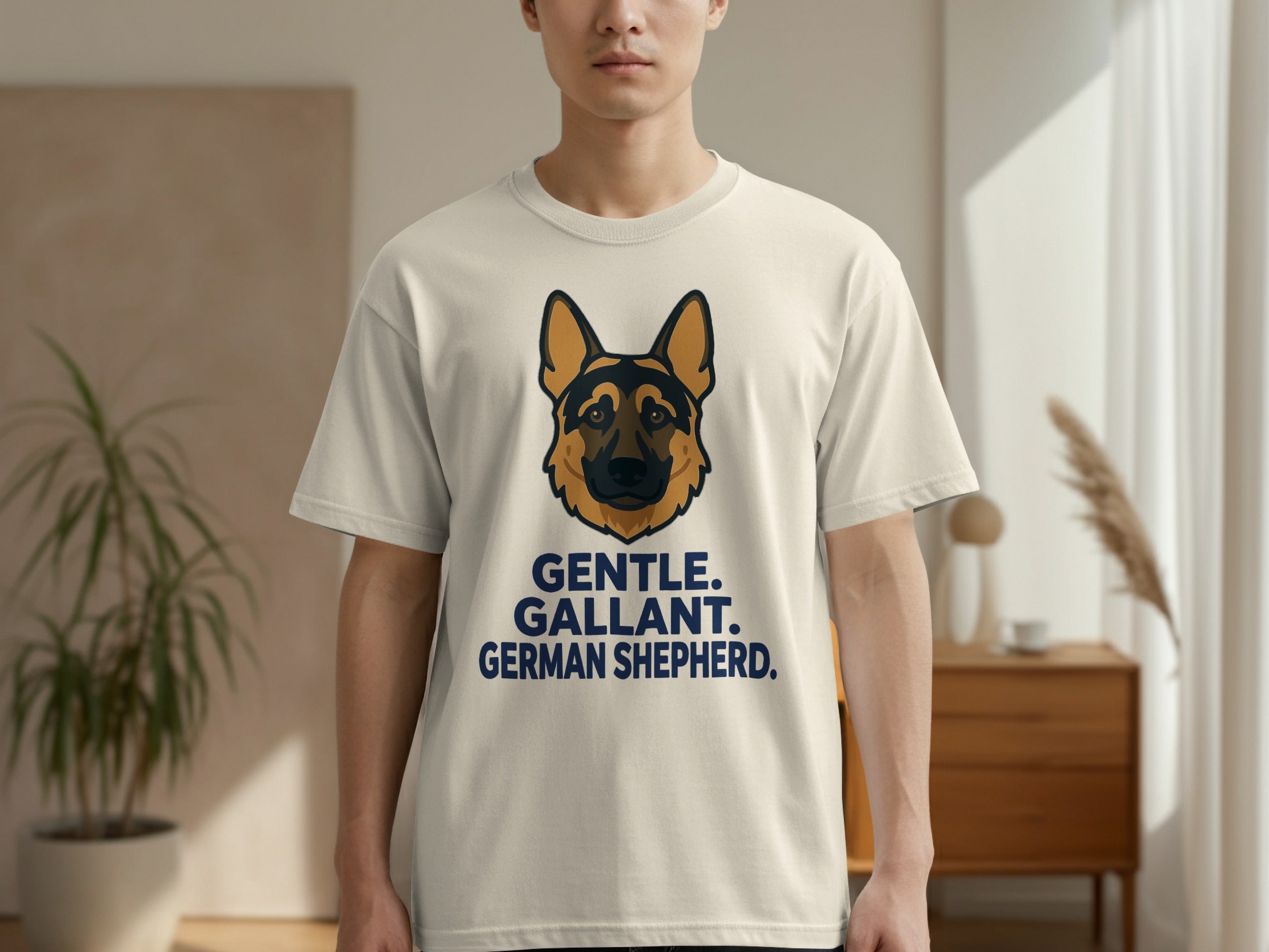T-shirt featuring a German Shepherd graphic and text "GENTLE. GALLANT. GERMAN SHEPHERD."