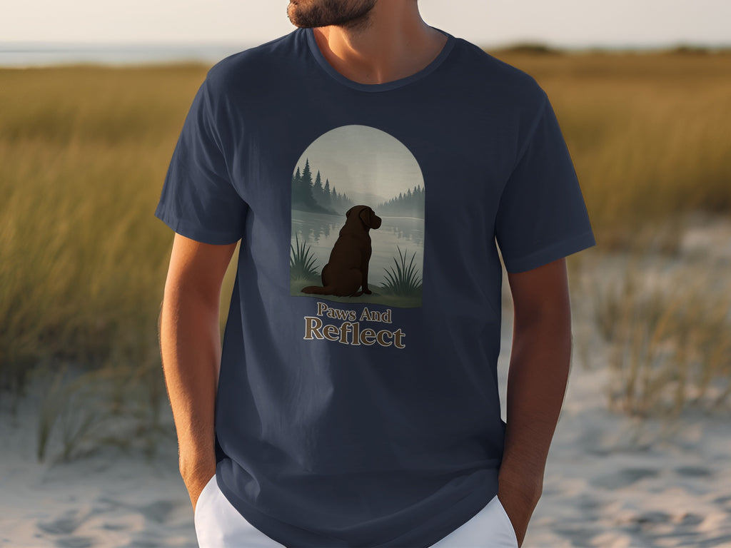 T-shirt graphic with brown dog and text "Paws And Reflect" before lake scene.