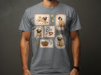 Grey t-shirt featuring a collage of charming pug illustrations in framed vignettes.