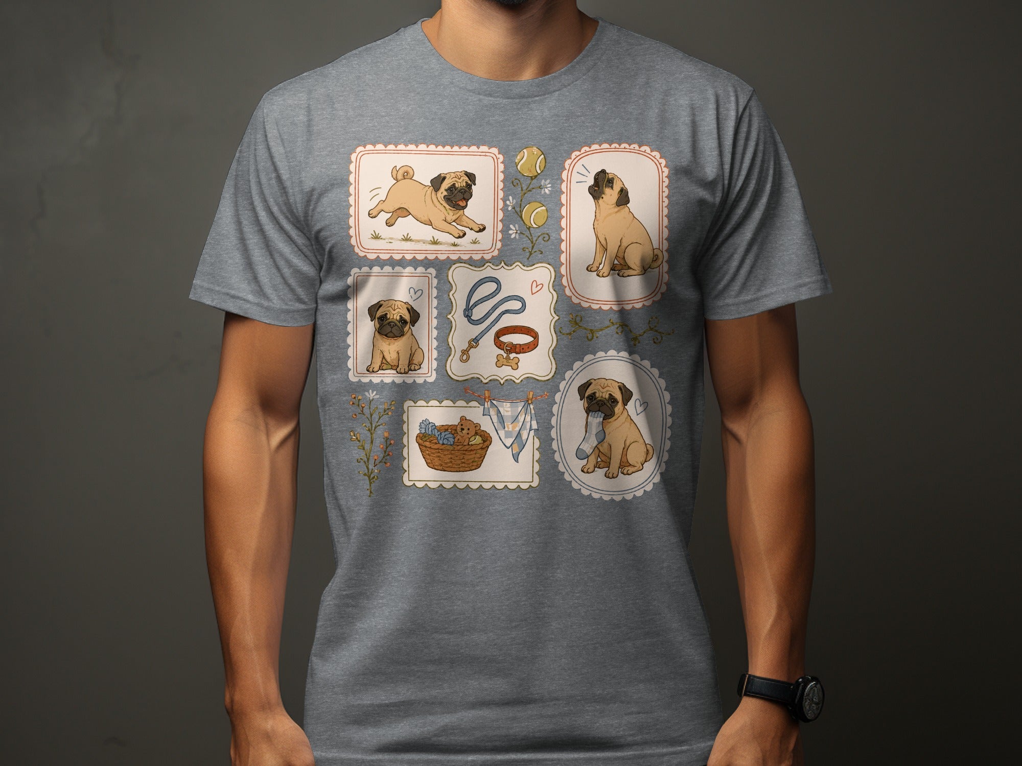 Grey t-shirt featuring a collage of charming pug illustrations in framed vignettes.