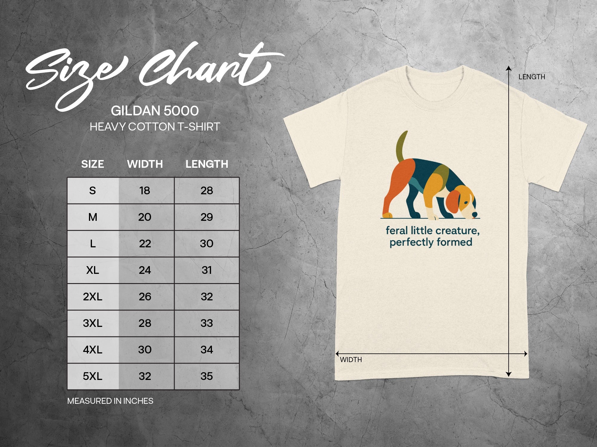 Gildan 5000 heavy cotton t-shirt size chart with dog graphic.