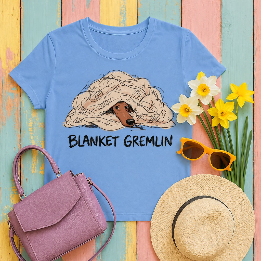 Blanket Gremlin Dachshund T-shirt in Carolina Blue