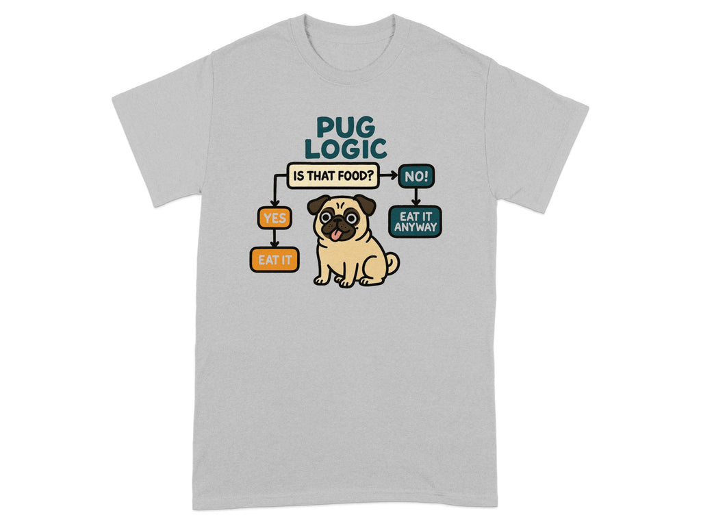 Grey t-shirt with Pug Logic flowchart and a pug.