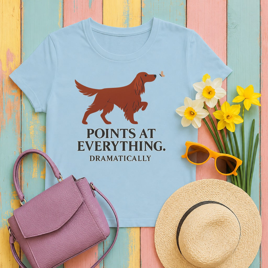 Irish Setter Points at Everything Dramatically T-shirt in Light Blue