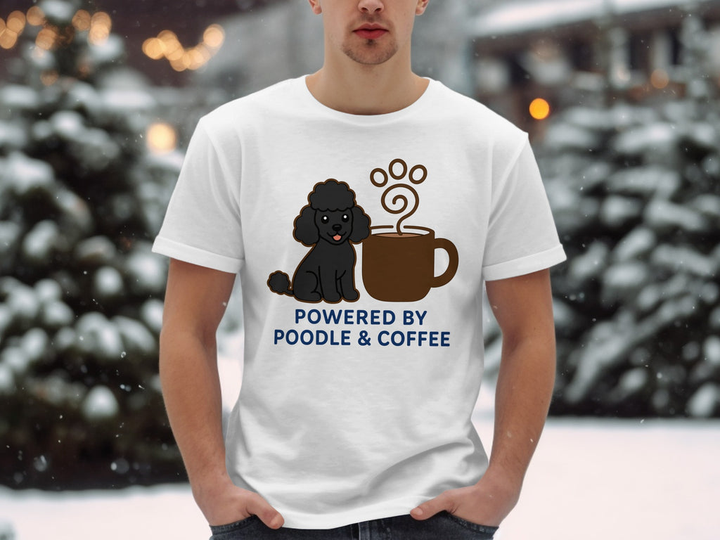 White t-shirt with a poodle and coffee cup graphic, text "POWERED BY POODLE & COFFEE".