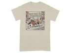 T-shirt graphic of a dog in a trench coat and hat, looking at paw prints.