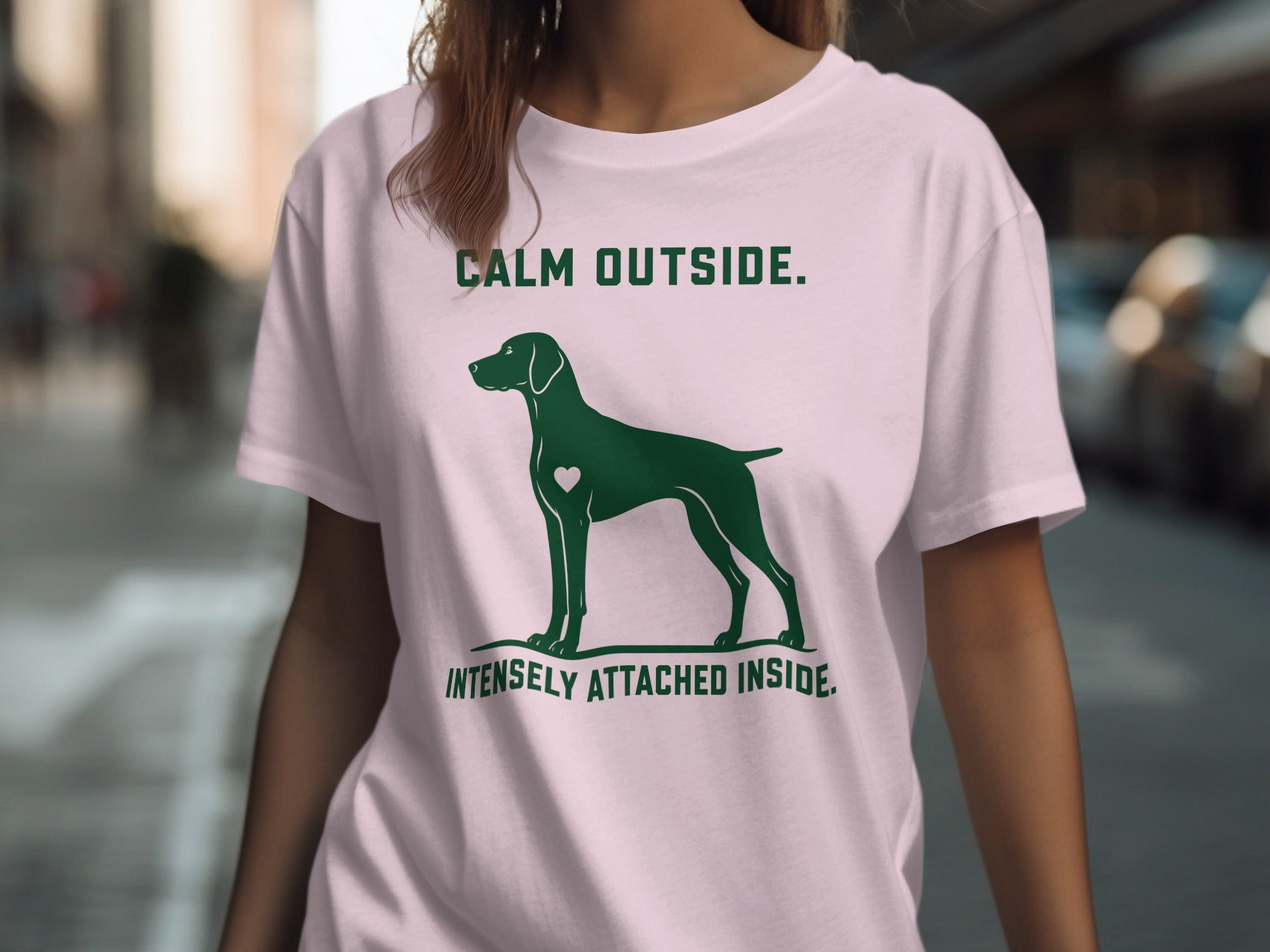 Green dog silhouette with heart on shirt; "CALM OUTSIDE. INTENSELY ATTACHED INSIDE."