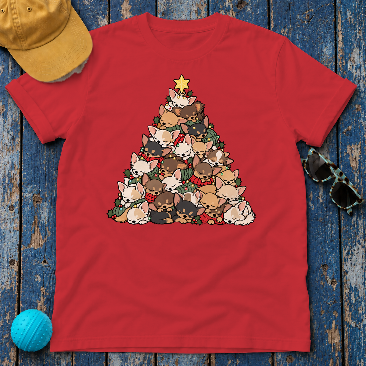 Chihuahua Christmas Tree t-shirt in Red, flat lay