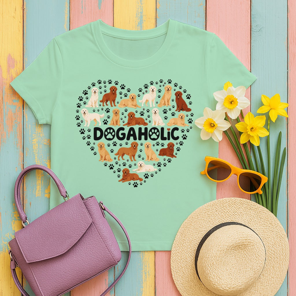 Golden Retriever Dogaholic Heart T-Shirt in Mint Green